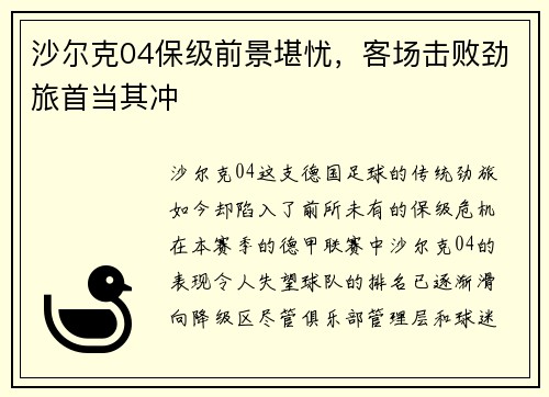 沙尔克04保级前景堪忧，客场击败劲旅首当其冲